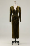 Olive Sheath Velvet V-Neck Long Sleeves Holiday Party Dress
