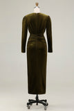 Olive Sheath Velvet V-Neck Long Sleeves Holiday Party Dress