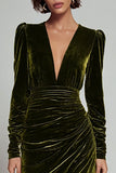 Olive Sheath Velvet V-Neck Long Sleeves Holiday Party Dress