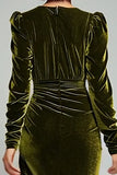 Olive Sheath Velvet V-Neck Long Sleeves Holiday Party Dress