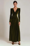 Velvet Olive A Line V-Neck Long Holiday Party Dress with Sleeves