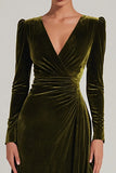 Velvet Olive A Line V-Neck Long Holiday Party Dress with Sleeves