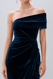 Navy Velvet Sheath Midi Ruched Holiday Party Dress with Slit