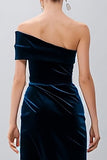 Navy Velvet Sheath Midi Ruched Holiday Party Dress with Slit
