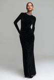 Sparkly Black Velvet Long Sheath Holiday Party Dress with Sleeves