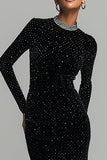 Sparkly Black Velvet Long Sheath Holiday Party Dress with Sleeves