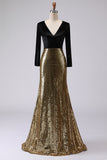 Sparkly Gold and Black Velvet V-Neck Maxi Holiday Party Dress with Sequins