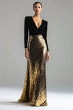 Sparkly Gold and Black Velvet V-Neck Maxi Holiday Party Dress with Sequins