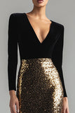Sparkly Gold and Black Velvet V-Neck Maxi Holiday Party Dress with Sequins