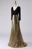 Sparkly Gold and Black Velvet Mermaid Maxi Holiday Party Dress with Sequins