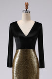 Sparkly Gold and Black Velvet Mermaid Maxi Holiday Party Dress with Sequins