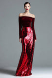 Sparkly Burgundy Velvet Maxi Off the Shoulder Holiday Party Dress with Sequins