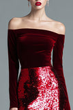 Sparkly Burgundy Velvet Maxi Off the Shoulder Holiday Party Dress with Sequins