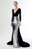 Sparkly Black and Silver V-Neck Sequins Long Holiday Party Dress with Sleeves