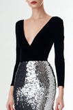 Sparkly Black and Silver V-Neck Sequins Long Holiday Party Dress with Sleeves