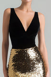 Sparkly Gold and Black V-Neck Long Mermaid Holiday Party Dress with Cape
