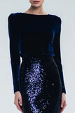 Sparkly Navy Sequins Mermaid Long Holiday Party Dress with Sleeves