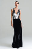 Sparkly Black and Silver Sequins Velvet V-Neck Long Holiday Party Dress