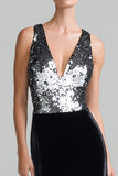 Sparkly Black and Silver Sequins Velvet V-Neck Long Holiday Party Dress