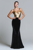 Sparkly Long Gold and Black Mermaid Velvet Holiday Party Dress with Sequins