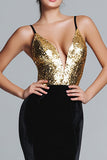 Sparkly Long Gold and Black Mermaid Velvet Holiday Party Dress with Sequins