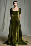 Olive A Line Square Neck Velvet Long Holiday Party Dress with Sleeves