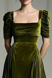 Olive A Line Square Neck Velvet Long Holiday Party Dress with Sleeves