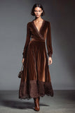 Coffee Velvet A Line Long Sleeves Holiday Party Dress with Lace