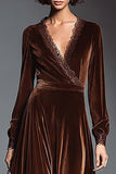 Coffee Velvet A Line Long Sleeves Holiday Party Dress with Lace
