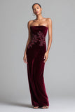 Burgundy Strapless Velvet Floral Sheath Long Holiday Party Dress