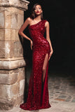 Sparkly Red One Shoulder Sequin Maxi Holiday Party Dress with Slit