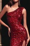 Sparkly Red One Shoulder Sequin Maxi Holiday Party Dress with Slit