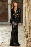 Sparkly Black Sequin V-Neck Cut Out Long Holiday Party Dress with Sleeves