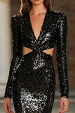 Sparkly Black Sequin V-Neck Cut Out Long Holiday Party Dress with Sleeves