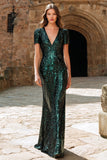 Sparkly Dark Green V-Neck Sequin Long Holiday Party Dress with Sleeves