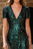 Sparkly Dark Green V-Neck Sequin Long Holiday Party Dress with Sleeves