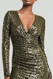 Sparkly Olive Long Sleeves Sequin Holiday Party Dress with Slit