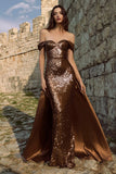 Sparkly Brown Off the Shoulder Sequin Maxi Holiday Party Dress with Cape