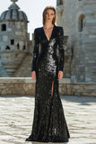 Sparkly Black Mermaid Sequin Long Holiday Party Dress with Sleeves