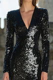 Sparkly Black Mermaid Sequin Long Holiday Party Dress with Sleeves