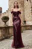 Sparkly Burgundy Off the Shoulder Mermaid Maxi Holiday Party Dress