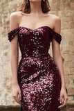 Sparkly Burgundy Off the Shoulder Mermaid Maxi Holiday Party Dress