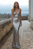 Sparkly Silver Sequin Spaghetti Straps Long Holiday Party Dress
