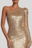 Sparkly Gold Mermaid Sequin Long Holiday Party Dress with Sleeves