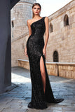 Sparkly Black Mermaid Sequin One Shoulder Maxi Holiday Party Dress