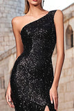 Sparkly Black Mermaid Sequin One Shoulder Maxi Holiday Party Dress