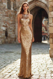 Sparkly Gold Cut Out Mermaid Sequin Long Holiday Party Dress