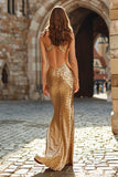 Sparkly Gold Cut Out Mermaid Sequin Long Holiday Party Dress