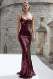 Sparkly Burgundy Long Mermaid Sequin Holiday Party Dress