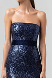Sparkly Navy Sequin Strapless Maxi Holiday Party Dress